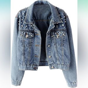 Plus size women’s denim pearl jacket 3x worn once light faded acid wash jean